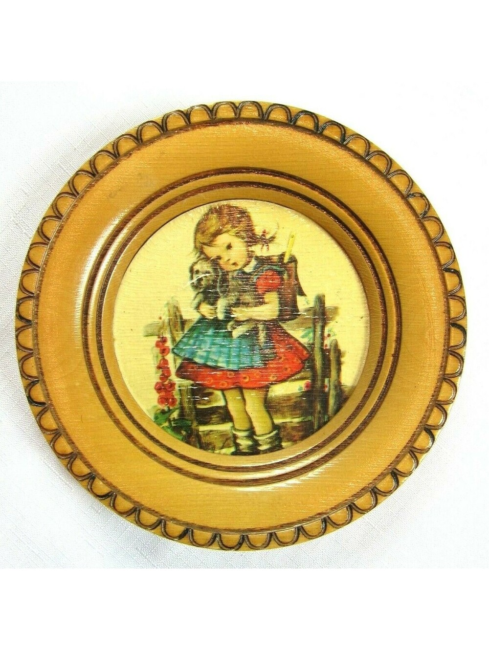 Vintage Hummel 6.5" Round Wood Wall Plaque School Girl w/ Puppy